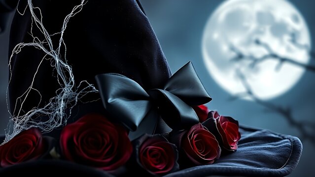 A velvet witch hat adorned with silver cobwebs and black satin ribbon, set against a mysterious moonlit Halloween backdrop.