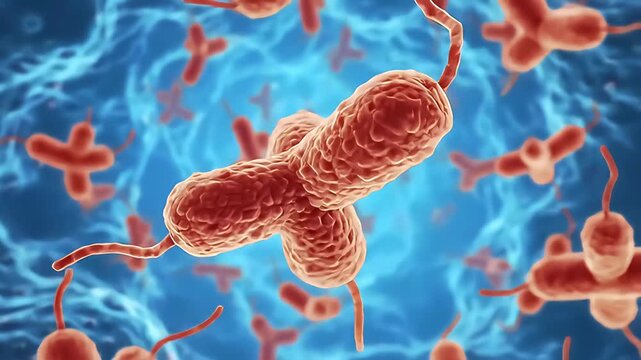 microscopic bacteria cells moving in fluid environment illustration