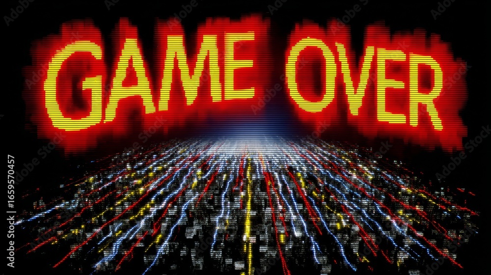 Poster pixelated arcade screen displaying bold game over text above vibrant cityscape of lights