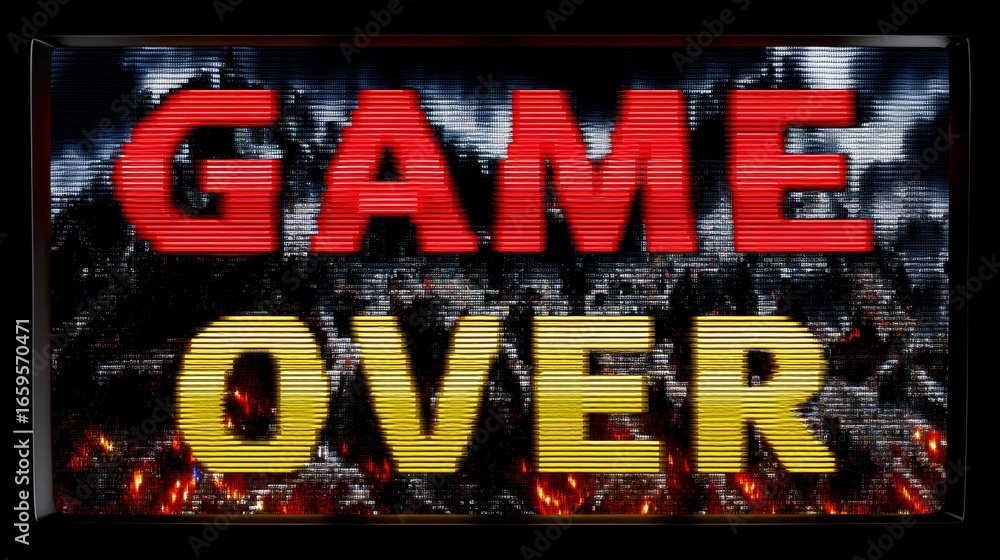 Poster pixelated arcade screen displaying bright game over text in red and yellow colors