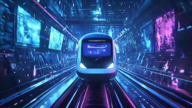 A high speed train moves rapidly through a vibrant digital landscape filled with glowing lights and dynamic graphics