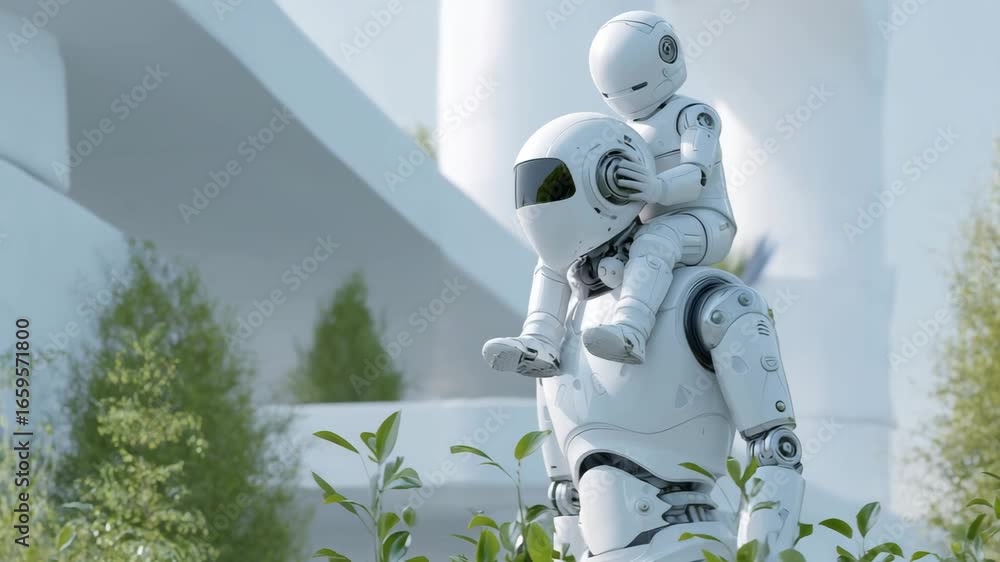 Poster a large robot carries a small robot on its back while surrounded by greenery in a modern, futuristic