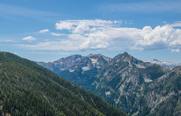 Panoramic view of forests on the mountainside of the Wallowas, called the Swiss Alps of Oregon.