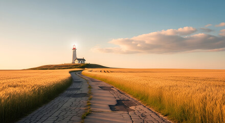 Coastal Lighthouse with Golden Wheat Field and Winding Road at Sunset