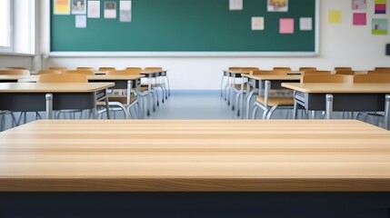 Create a vibrant learning environment with this classroom showcasing rows of desks and a chalkboard for educational promotion or back-to-school marketing