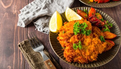 A delicious plate of crispy fried chicken garnished with parsley, served with lemon wedges and roasted vegetables on a wooden table.