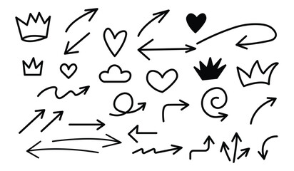 Hand drawn arrow set with crown, heart, cloud and underline. Brush stroke vector illustration.