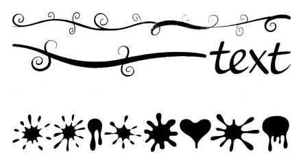 Black Ink Splatters, Swirls, and Heart Graphic Elements