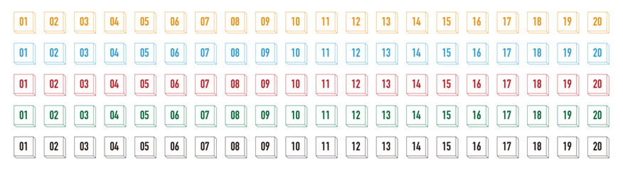 数字のアイコンセット。1〜20までの数字。白背景にベクターイラスト。