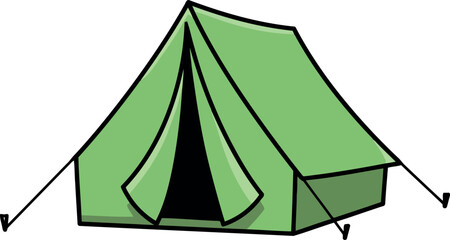 Cartoon green camping tent icon with open door and guy lines for outdoor adventures and recreation vector
