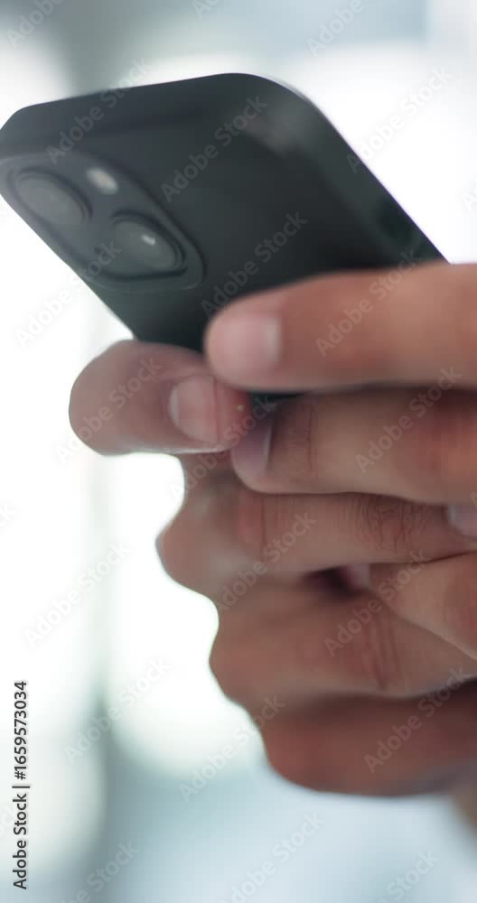 Aufkleber hands, smartphone and person with internet, typing and communication with social media. closeup, mob