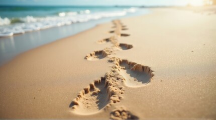 Sandy Footprints on Beach Leading to Ocean in Warm Sunlight