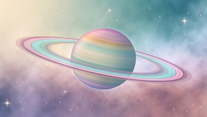 Fototapeta premium Whimsical pastel rainbow saturn planet with rings floating in a dreamy nebula sky
