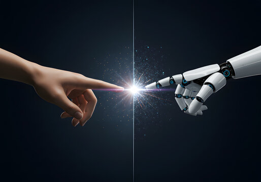 Human and Robot Hand Touching with Glowing Light, Artificial Intelligence, Future, Innovation, Technology.