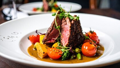 A beautifully plated dish featuring tender meat, vibrant vegetables, and garnishes, showcasing culinary artistry.