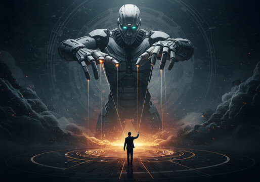 AI Overlord Concept Human vs Robot Control, Futuristic Machine with Glowing Eyes, Manipulation, Dark, Powerful, Tech, Digital Art.