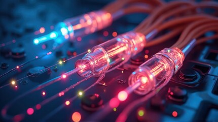 Glowing Fiber Optic Cables with Red and Blue Lights on Circuit Board