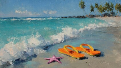 Obraz premium Beach scene with flip-flops and starfish