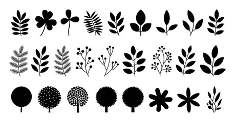 Collection of Black and White Botanical Silhouettes and Tree Icons