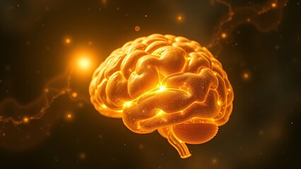 A golden molecular structure of spermidine floating above a brain-shaped nebula, glowing with energy.