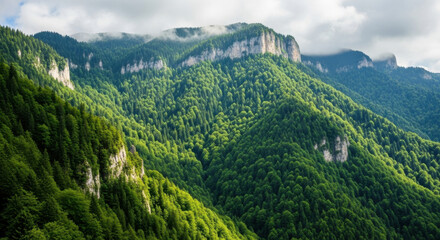 Obraz premium Scenic view of lush green mountain slopes with clouds in a peaceful natural landscape