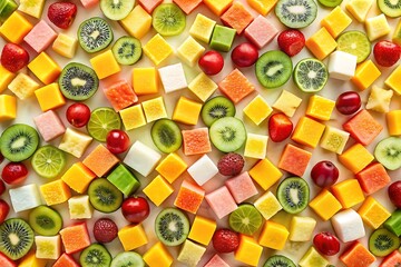 Fruit salad with many different fruits including kiwi, strawberries