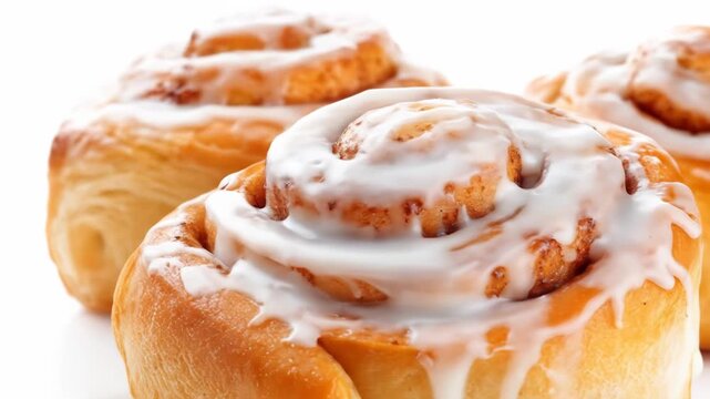 Three golden-brown, spiraled pastries are arranged, dripping with white icing. The warm rolls rest against a white background