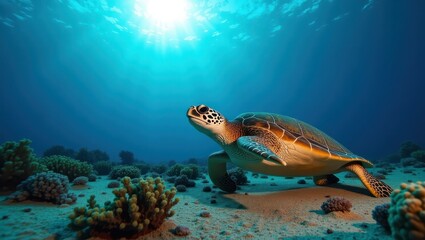 Fototapeta premium A majestic sea turtle glides through a vibrant coral reef, bathed in the sun's underwater glow.