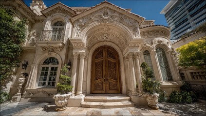 Obraz premium Ornate mansion entryway, detailed carvings, large arched doorway