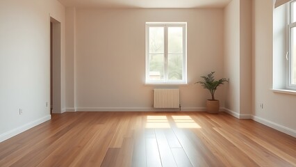 Minimalist mid-century modern living space with wooden floors and soft natural light from a window.