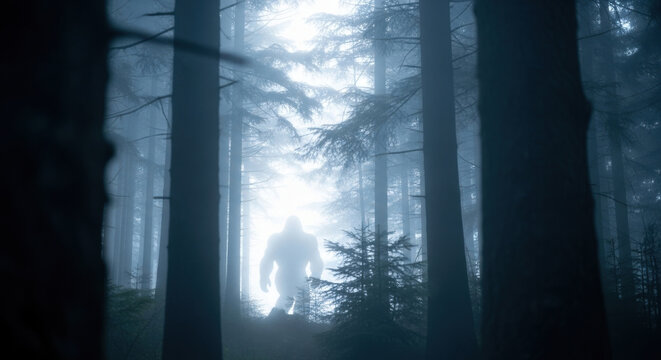 Silhouette of bigfoot standing in a misty forest surrounded by tall trees