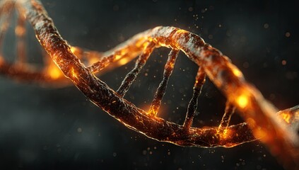 Fiery DNA helix, glowing embers, dark background