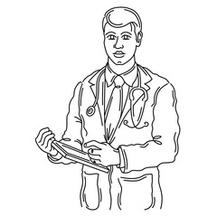 General practitioner. Male doctor.Medicine. Line art isolated icon symbol.Drawing vector...