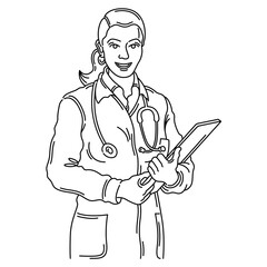 General practitioner. Female doctor.Medicine. Doctor.Line art isolated icon symbol.Drawing vector illustration.