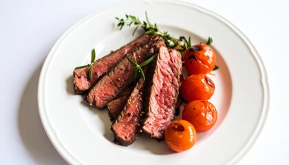 A plate showcasing tender steak slices garnished with herbs and accompanied by roasted cherry tomatoes.