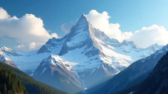 Majestic snow-capped mountain peaks rise above a valley filled with lush greenery under a vibrant blue sky, showcasing a breathtaking mountain landscape.