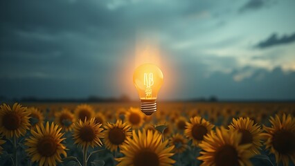 Ethereal lightbulb floating over wilting sunflowers, symbolizing renewable energy urgency.