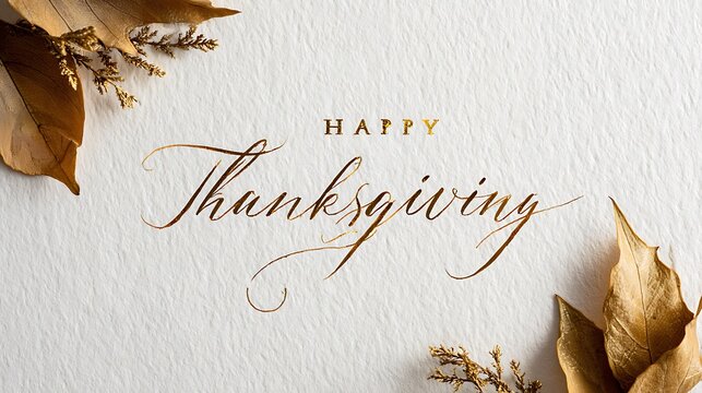 Elegant autumnal thanksgiving greeting with golden script and dried leaf accents