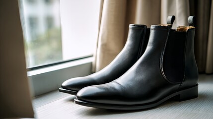 Stylish black leather Chelsea boots ready for work or a night out, sleek footwear for modern men