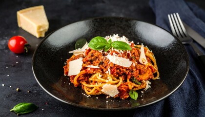 A delicious plate of spaghetti topped with a rich tomato sauce, fresh basil, and grated cheese, served in a stylish black bowl.