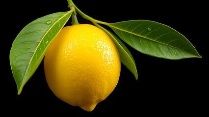 A bright yellow lemon with attached leaves against a dark backdrop, glistening with water droplets.
