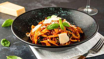 A delicious plate of pasta topped with fresh basil and cheese, served in an elegant black dish, showcasing a vibrant and appetizing presentation.
