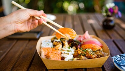 A hand holding chopsticks picks up sushi from a wooden platter filled with various colorful sushi and garnishes, set on a rustic table.