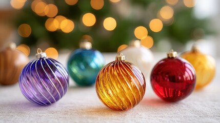 A collection of vibrant Christmas ornaments in various colors, set against a softly blurred background of festive lights, evoking a warm holiday spirit.