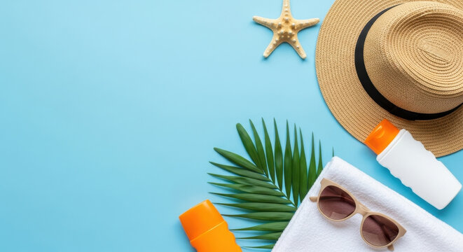 Summer vacation essentials displayed with beach hat sunscreen sunglasses and starfish on blue background