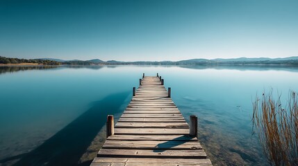 Serene wooden pier extending into a calm reflective lake under a vast blue sky