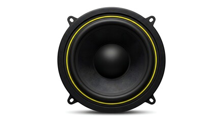 Circular Black Speaker with Yellow Trim on White Background
