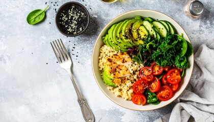 A vibrant bowl filled with quinoa, grilled chicken, fresh vegetables including avocado, cucumber, and cherry tomatoes, garnished with herbs.