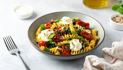 A vibrant bowl of pasta with spinach, sun-dried tomatoes, and ricotta, garnished with fresh basil,...