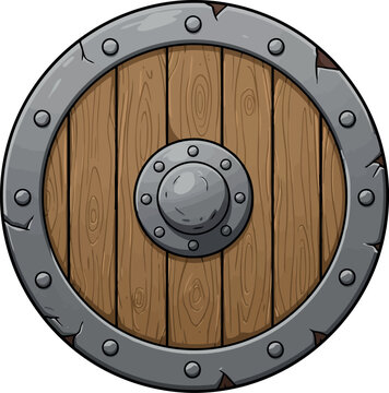 Rustic medieval viking wooden shield with metal studs and central boss for historical combat protection vector
